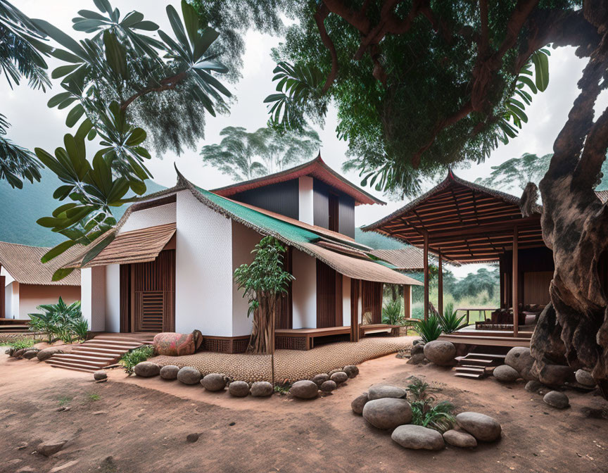 Traditional-style houses with gabled roofs in a serene forest setting