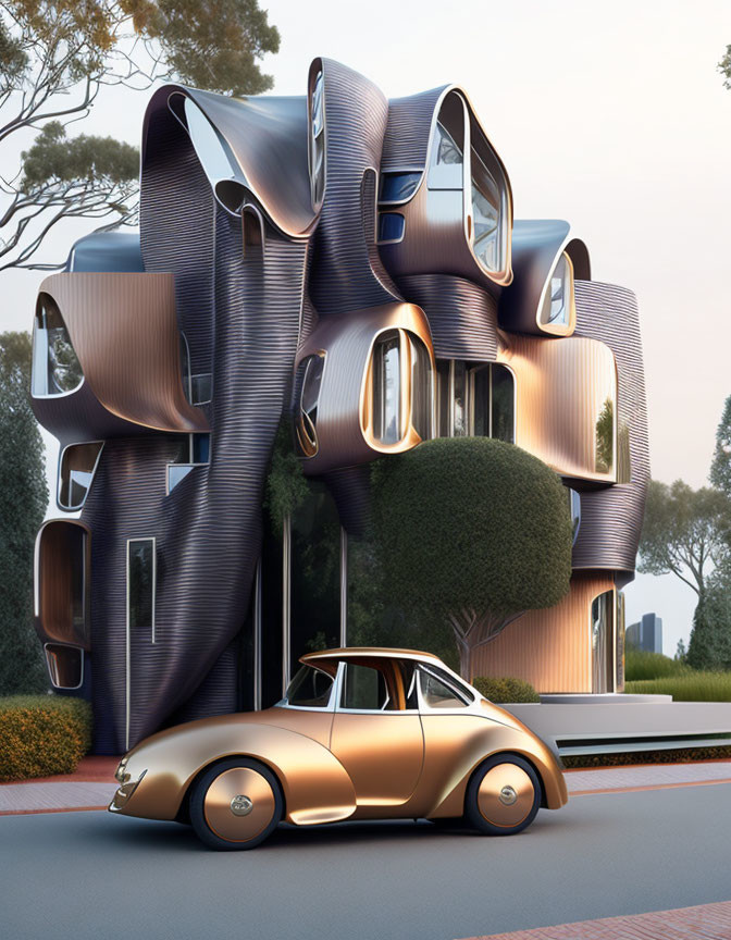 Fluid wavy architecture meets classic car in bronze color scheme