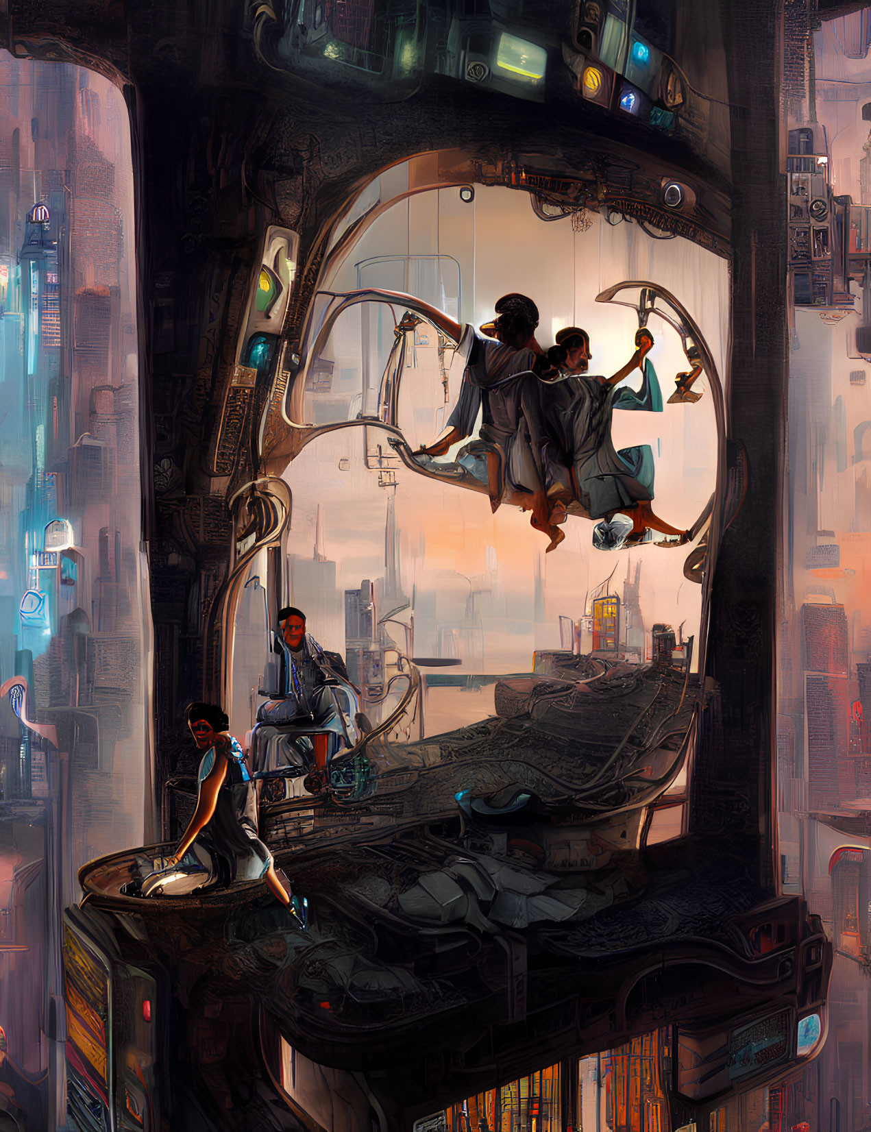 Futuristic cityscape with three people on floating platform