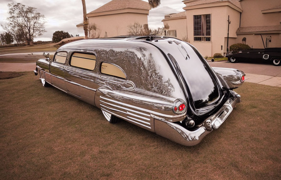 Vintage Customized Car with Elongated Body and Shiny Black Finish parked on Grass near Building