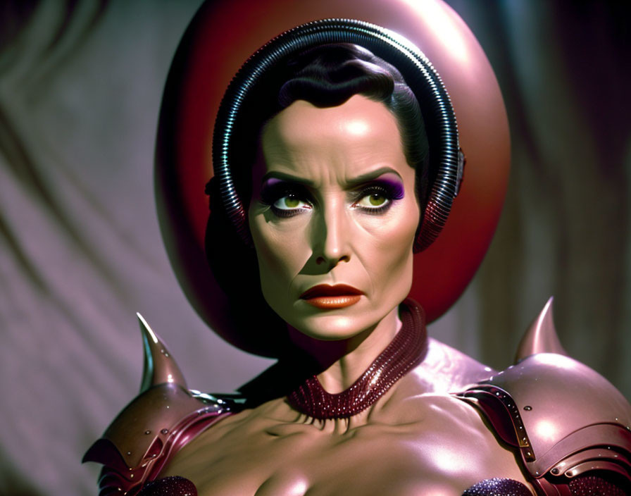 Futuristic female figure in metallic costume with sharp shoulder details