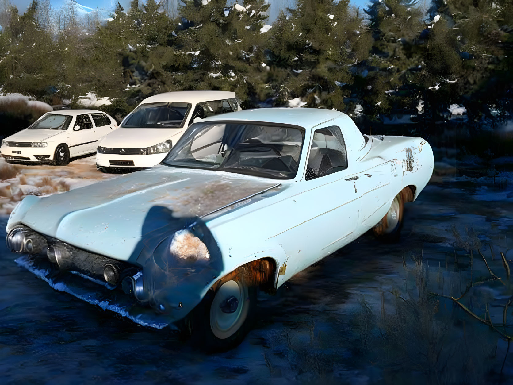 Vintage blue car with rust spots in snowy landscape with pine trees and faded white cars