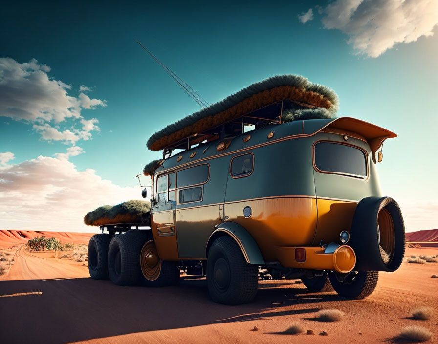 Six-Wheeled Retro-Futuristic Vehicle in Desert Landscape