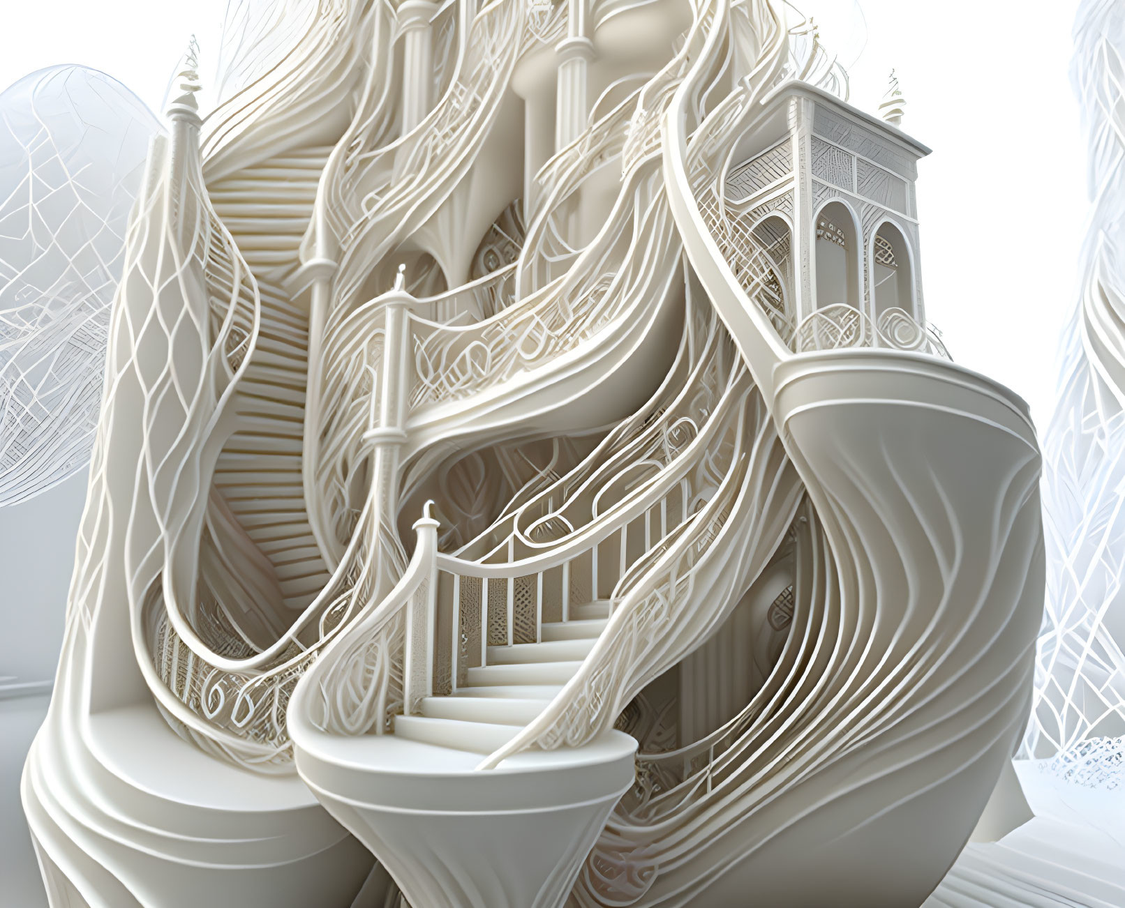 Intricate white staircases and balconies with flowing hair-like structures on geometric backdrop