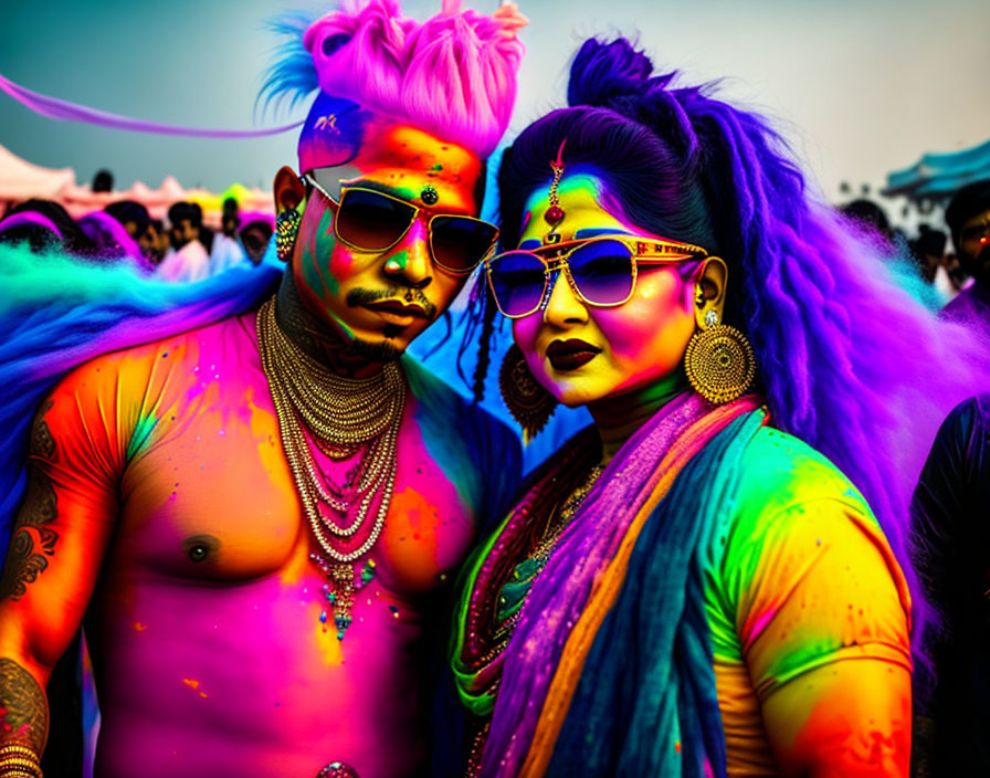 Colorful couple in Holi celebration with powdered dye, funky hair, sunglasses, and traditional jewelry.