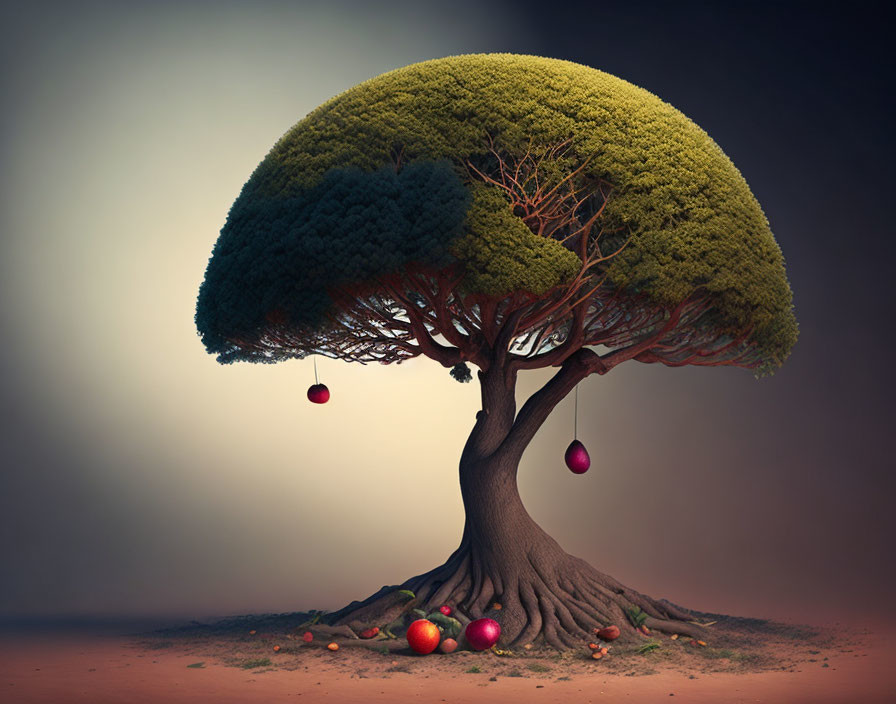 Whimsical tree with mushroom-shaped canopy and red fruits