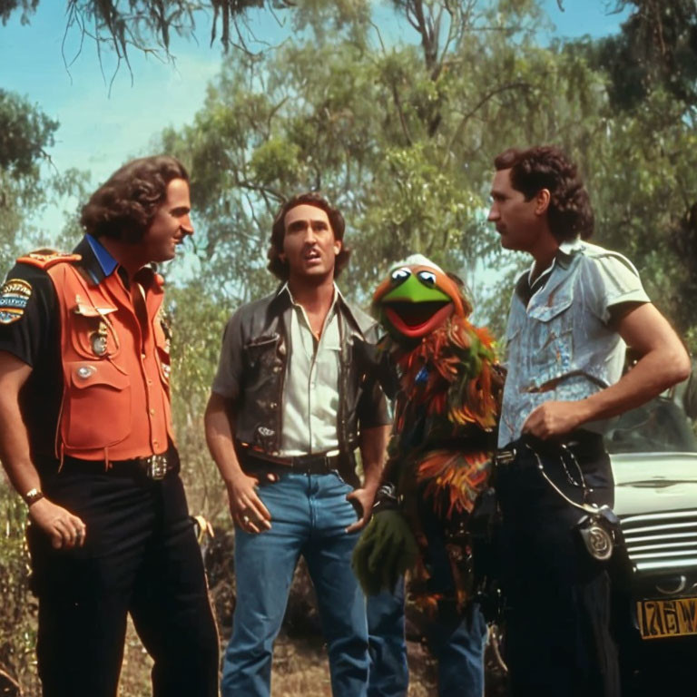 Men and Muppet character in outdoor conversation with trees and car.