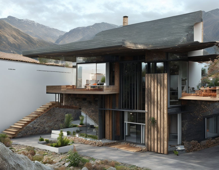 Contemporary House with Wooden Accents and Mountain View