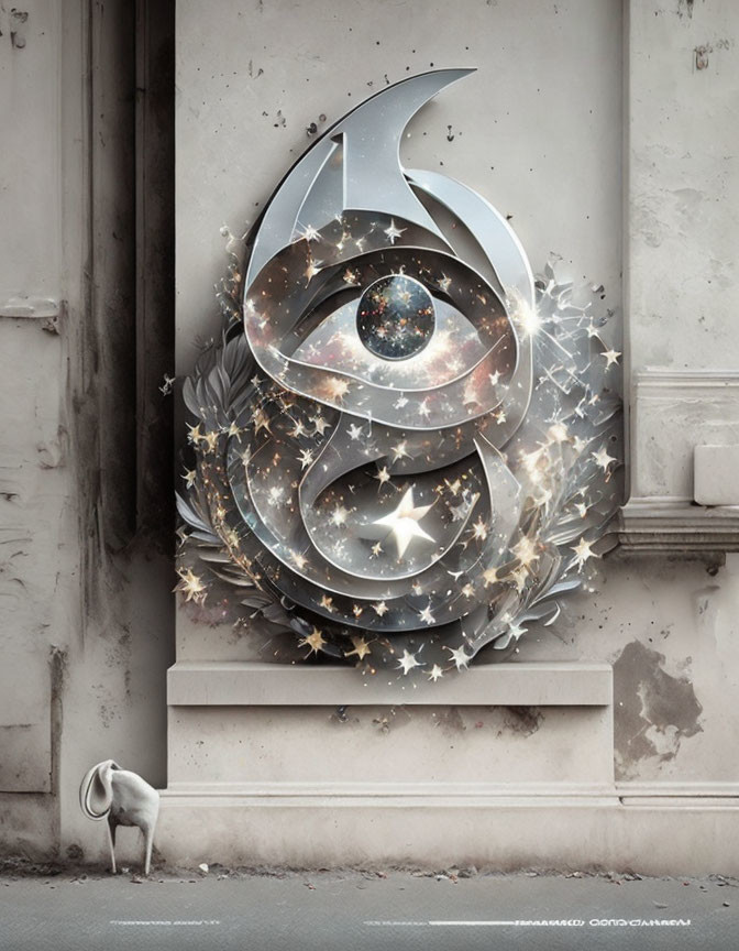 Metallic crescent and cosmic eye design with goat on weathered wall