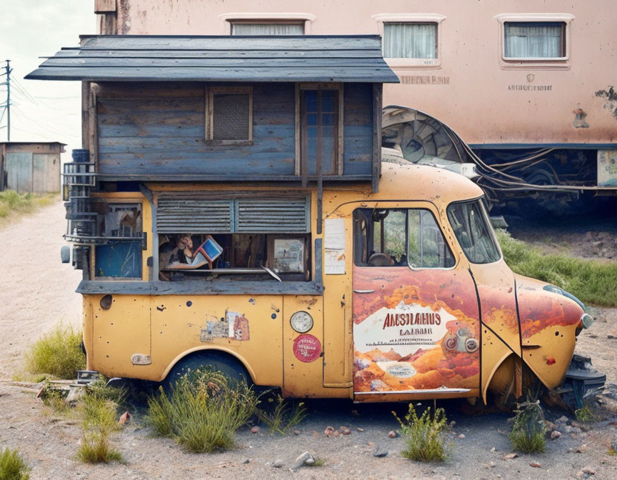 Vintage yellow food truck parked by dusty road with makeshift upper level and train carriage in background