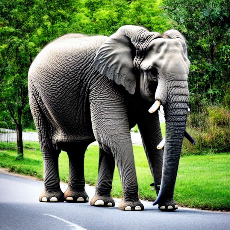 Lonely elephant strolling on paved road with green surroundings