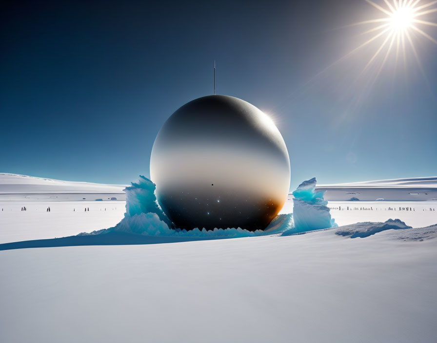 Snow-covered spherical structure under clear blue sky with bright sun