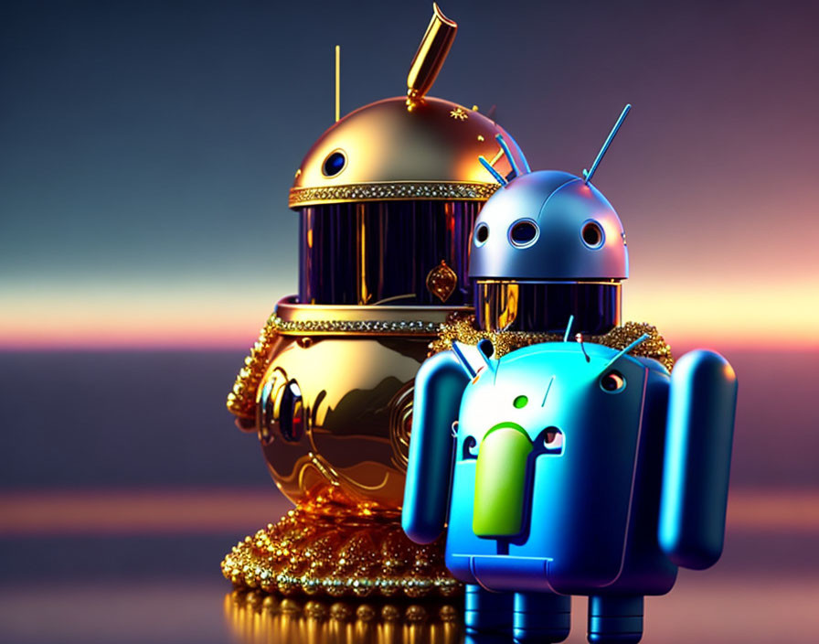 Stylized gold and blue Android robots with accessories on sunset backdrop