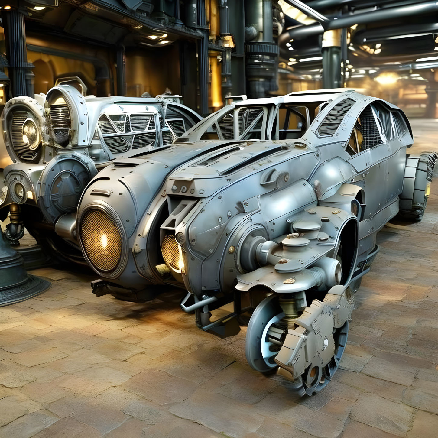 Armored futuristic vehicle with metallic body in industrial setting