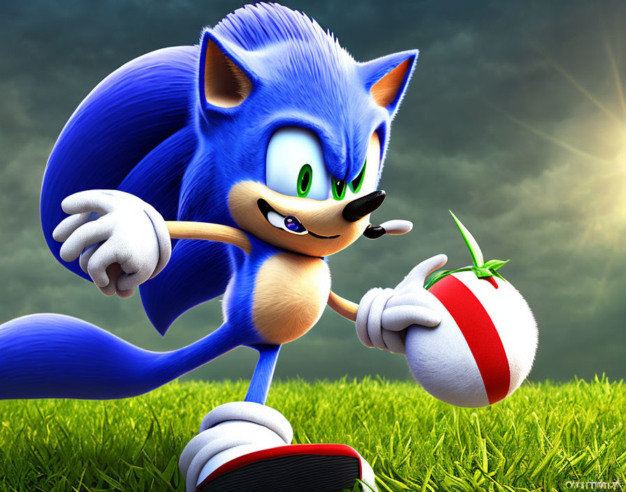 Blue animated hedgehog with green eyes holding a red and white round object on grass under a stormy