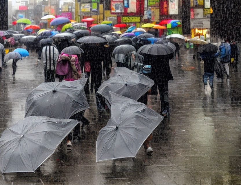 Colorful Umbrellas in Rainy City Street