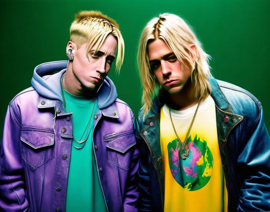 Blonde individuals in purple and denim jackets on green background