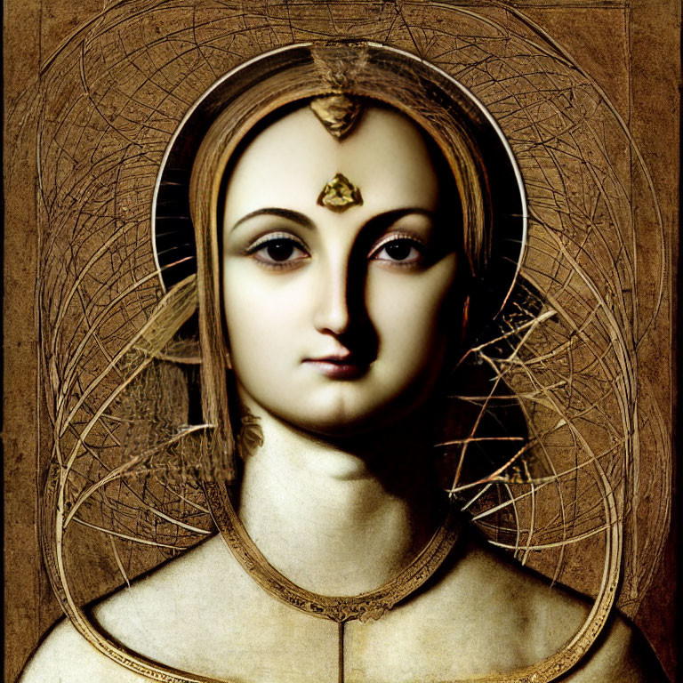 Digital artwork: Mona Lisa with geometrical patterns and golden halo