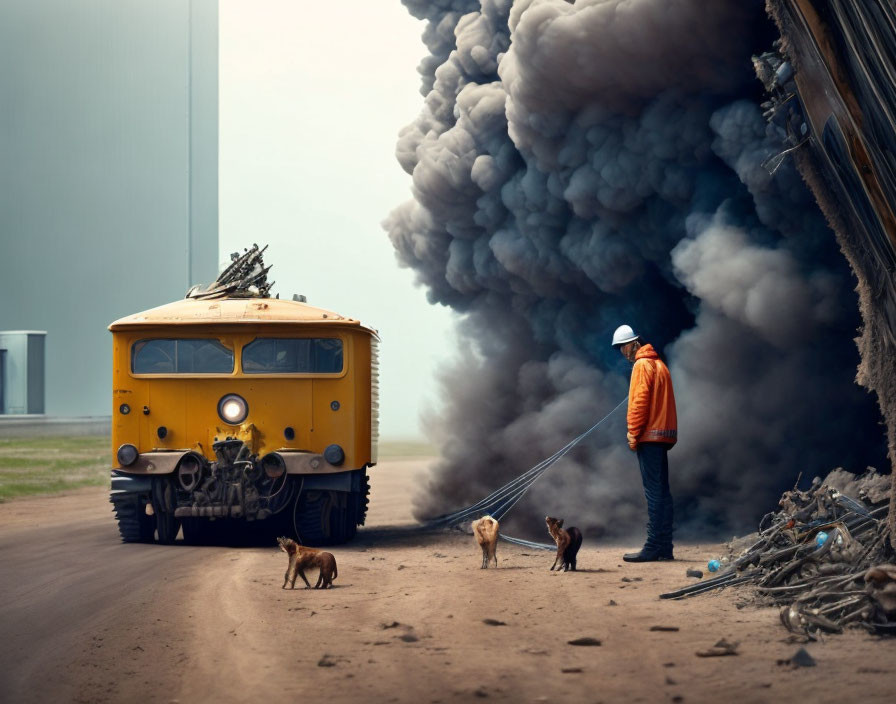 Person in hard hat with dogs by smoking bus.