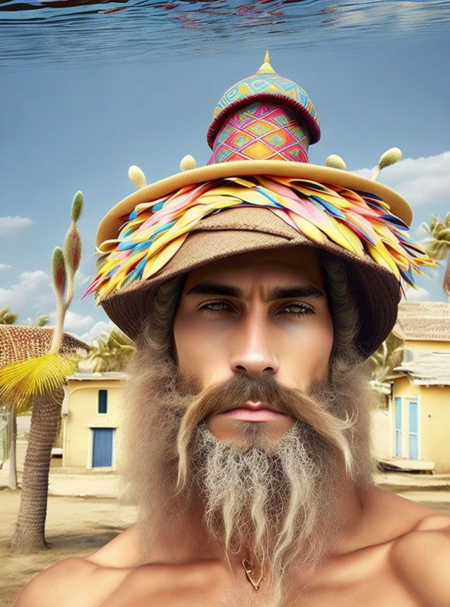 Bearded man in colorful whimsical hat with tropical backdrop