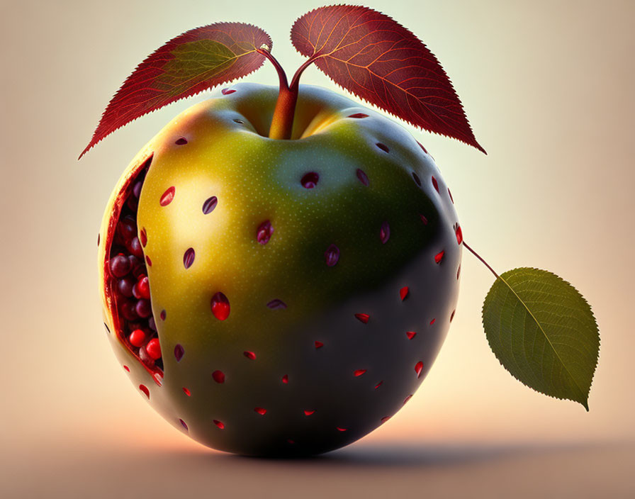 Surreal apple with pomegranate portion and red seeds on soft backdrop