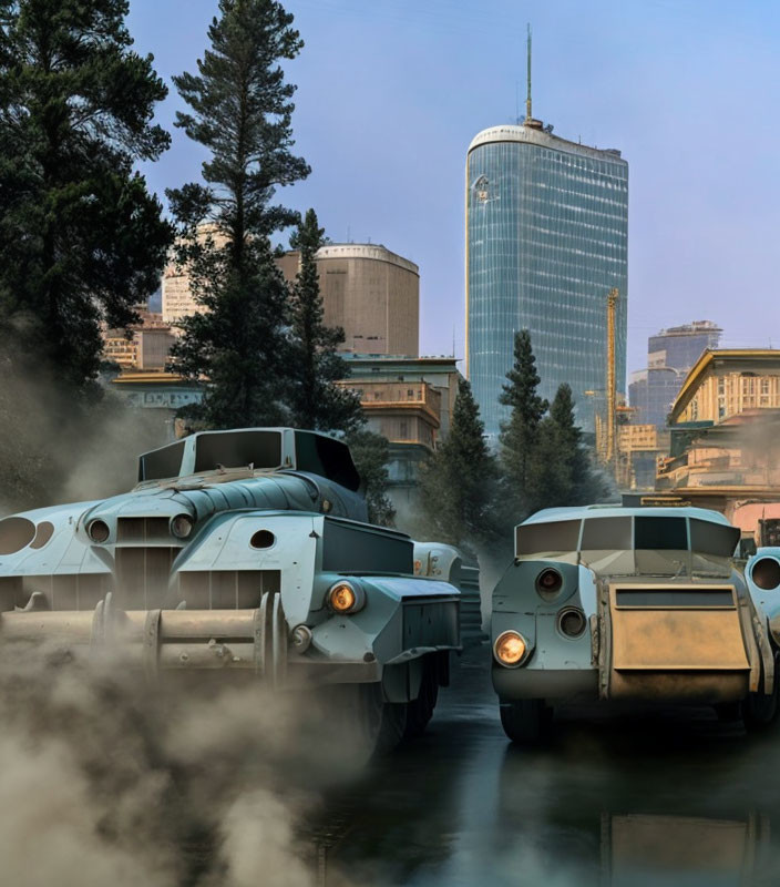 Retro-styled cars emitting smoke on road with skyscrapers and trees