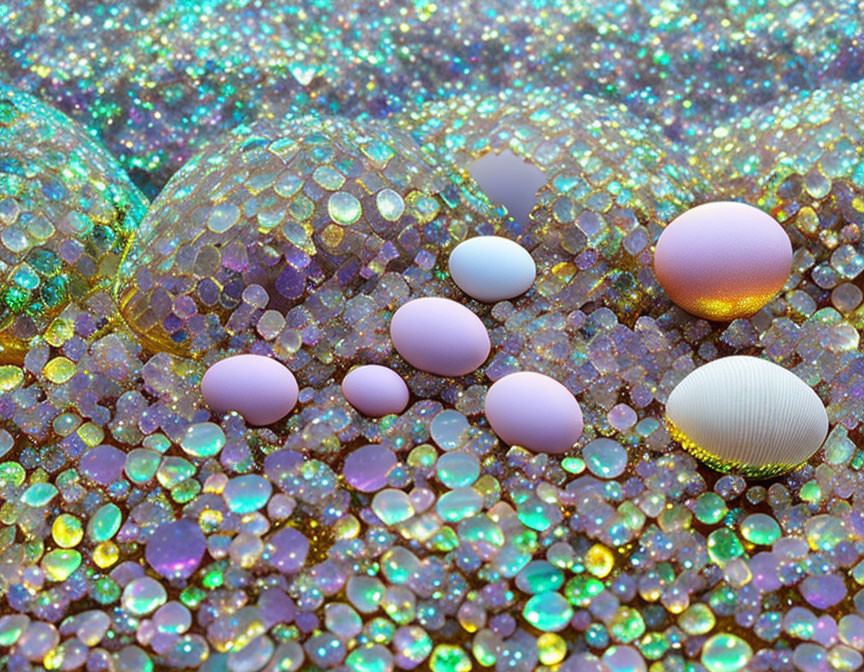 Shimmering iridescent spheres and sequins in purple, pink, and blue hues