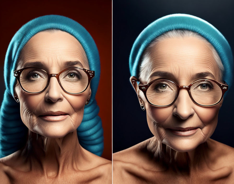 Elderly woman diptych with blue headscarf and glasses