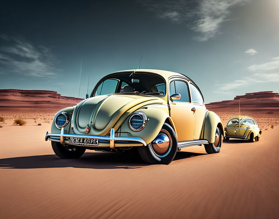 Two Volkswagen Beetles on desert road, surreal perspective