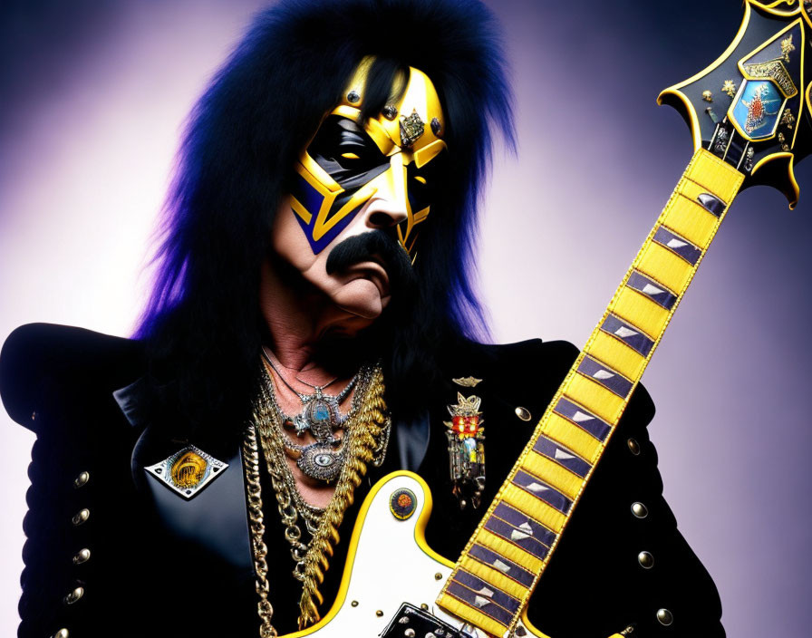 Man in Black and Yellow Face Paint with Elaborate Costume and Stylized Guitar