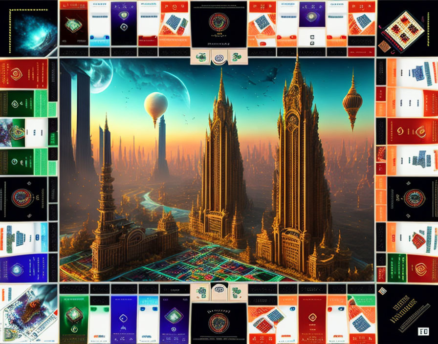 Futuristic cityscape with towering spires and celestial bodies on vibrant sky.