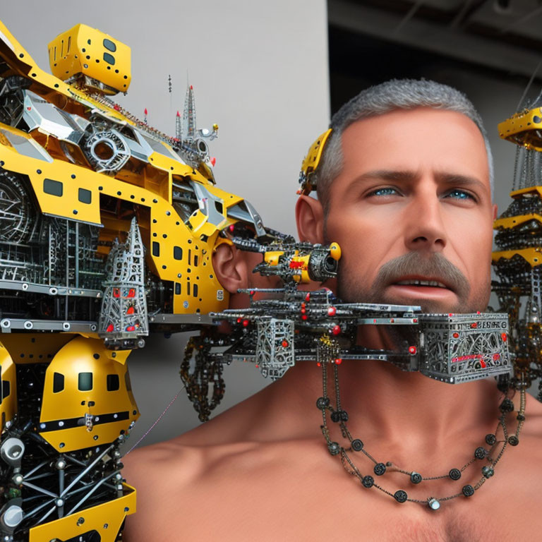 Gray-Haired Man with Beard and Intricate Mechanical Structure