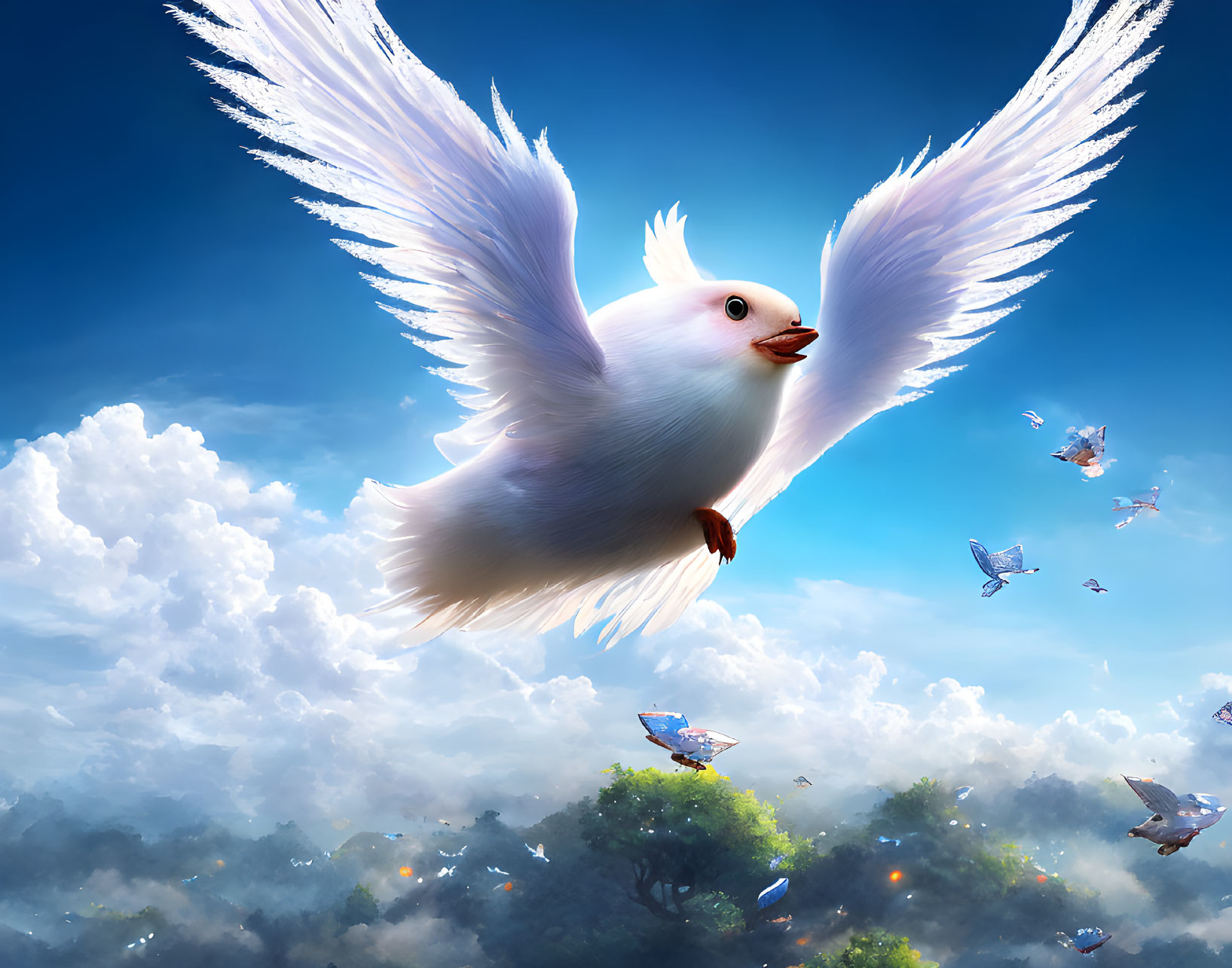 Majestic white bird flying in vibrant blue sky with smaller birds