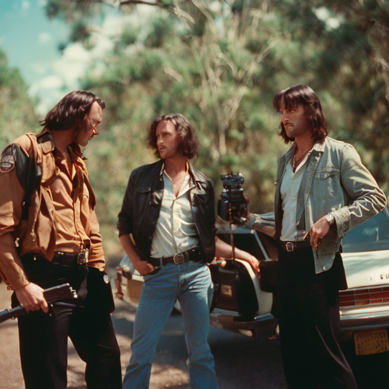 Men conversing in wooded area with sheriff and vintage car.