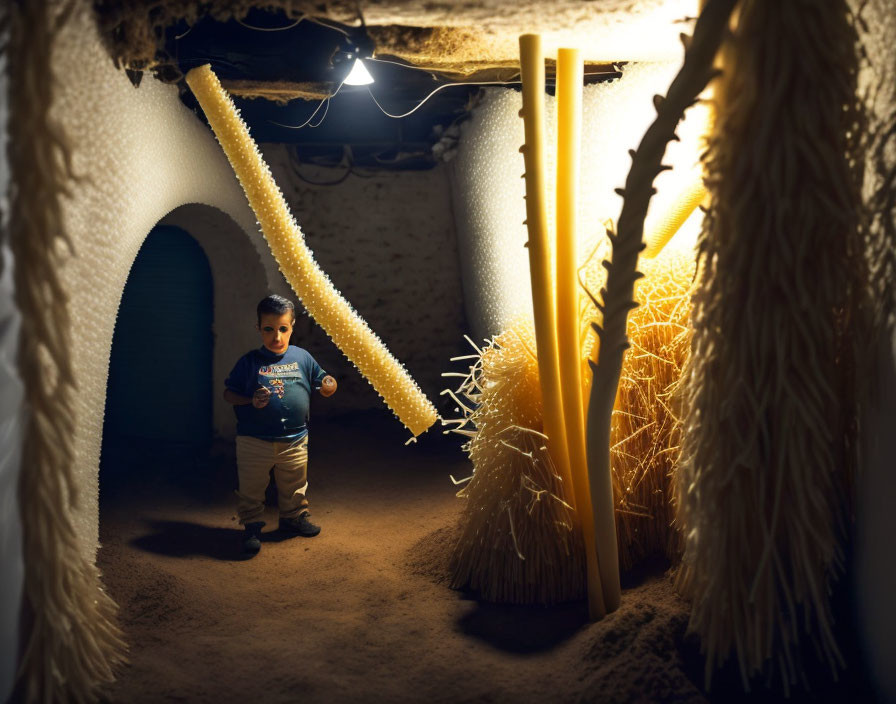 Child in dimly lit room surrounded by hanging pasta rows