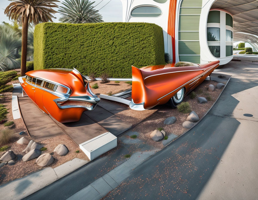 Sleek futuristic orange car parked in front of modern building