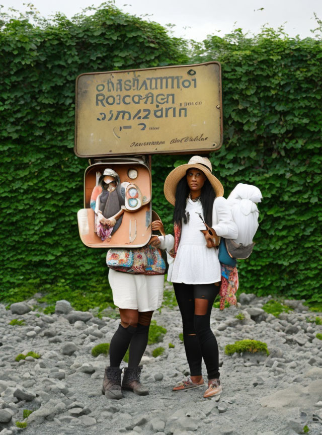 Two women posing by weathered sign with travel items and white dress.