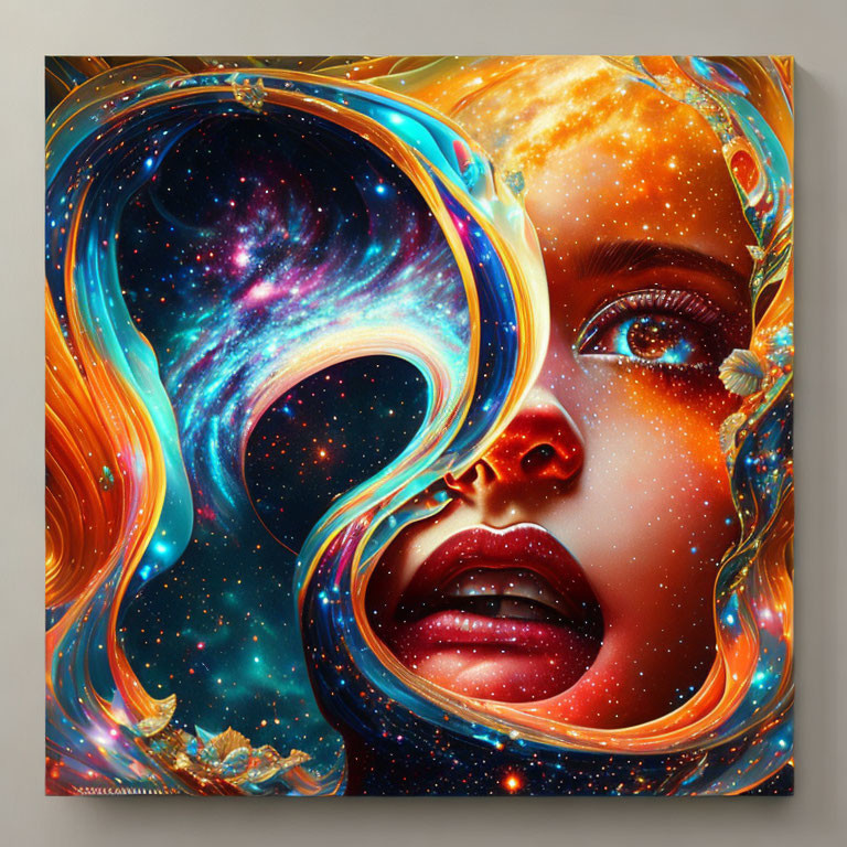 Surreal artwork: Woman's face merges with cosmic elements