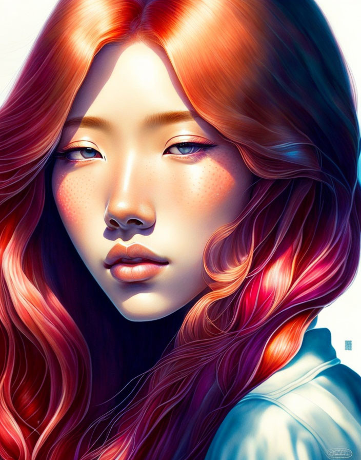 Digital artwork of woman with long wavy red hair and fair skin