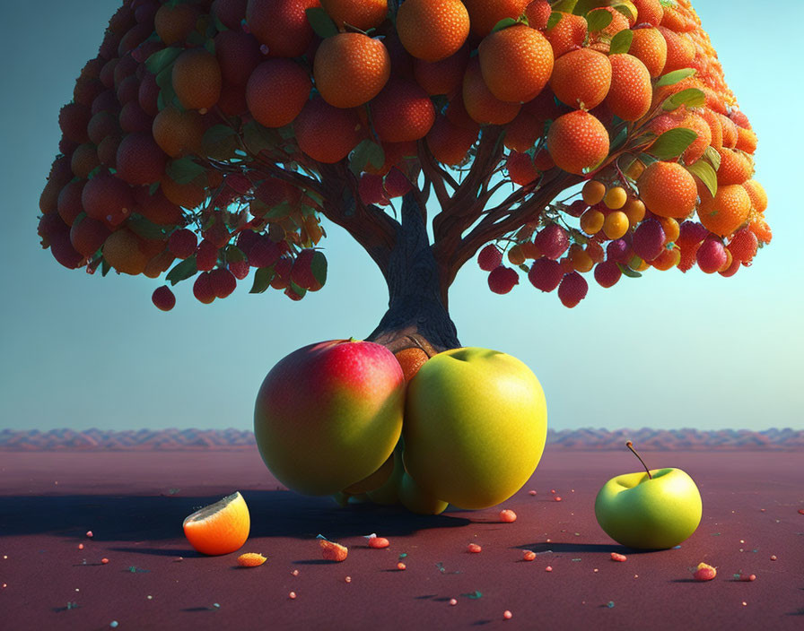 Whimsical tree with oversized fruit in serene desert setting