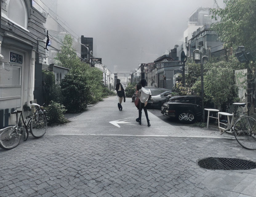 Misty urban street with parked cars and bikes, greenery, and buildings