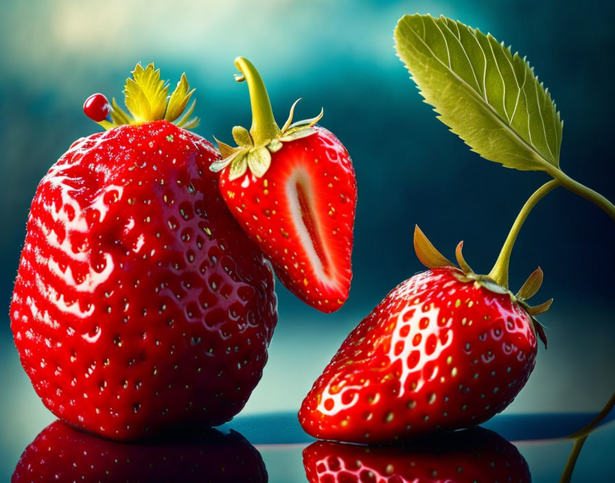 Fresh Red Strawberries Close-Up with Sliced Detail on Reflective Surface