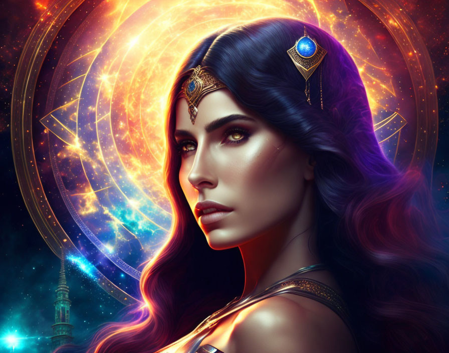 Digital Artwork: Woman with Blue Eyes, Dark Hair, Golden Jewelry, Cosmic Background