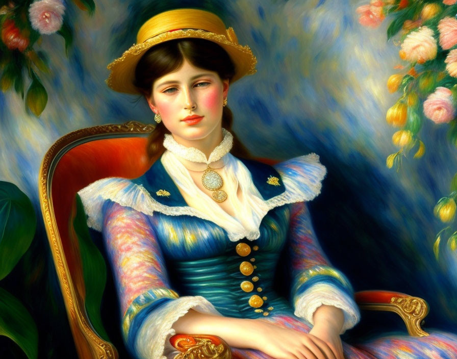 Vintage Blue Dress Woman in Yellow Hat Sitting in Ornate Chair with Floral Backdrop