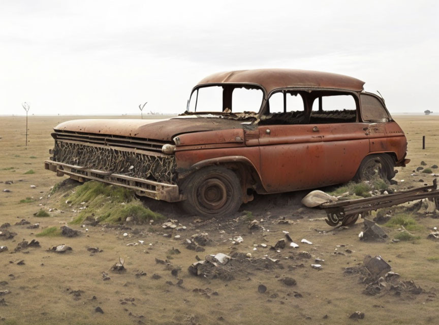 Abandoned rusty car with missing wheel in barren rocky landscape