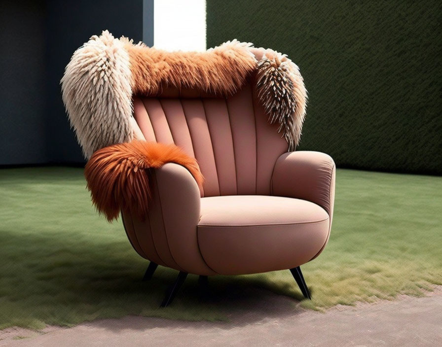 Peach Armchair with Shaggy Fur Pillows on Dark Green Background