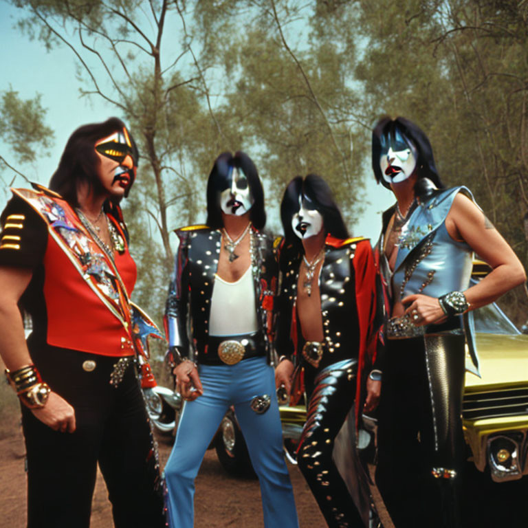 Four individuals in glam rock attire pose with vintage car.