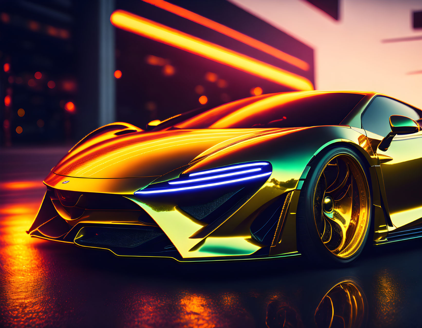 Sleek iridescent sports car on street at dusk with neon lights