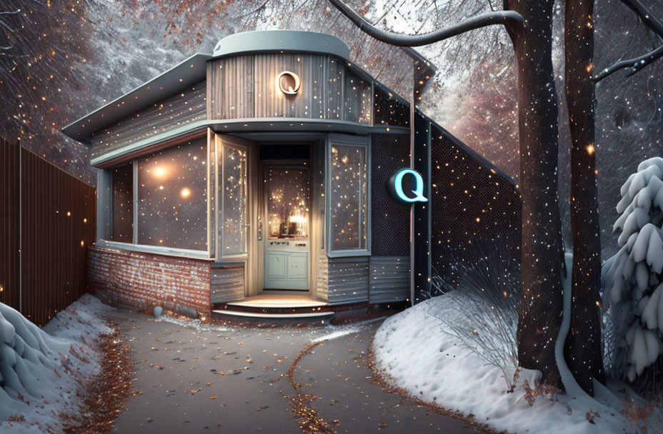 Cozy corner diner with neon "Q" sign on snowy evening