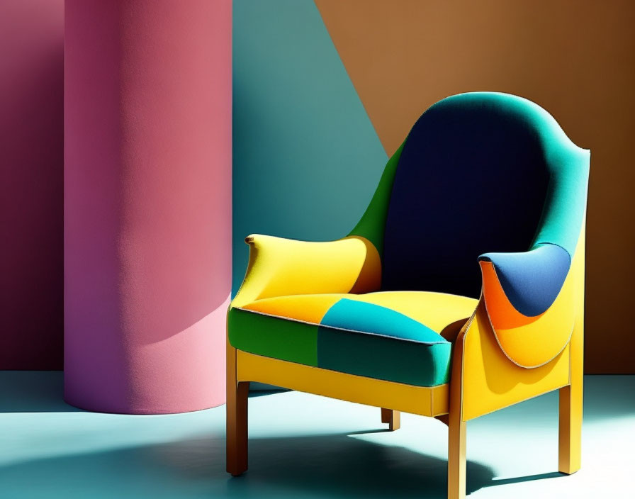 Multicolored modern armchair with pastel backdrop